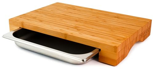 cleenbo® Schneidbrett mit Auffangschale cube bamboo Profi Holz Küchenbrett aus Bambus - Schneidebrett mit Auffangbehälter (Gastro Edelstahl Auffangwanne/Behälter), Bambusbrett Maße: 43 x 29 x 7 cm