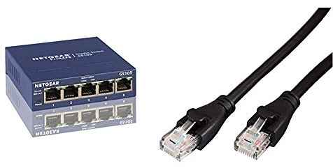 Netgear GS105 Switch Ethernet 5 Ports Métal Gigabit (10/100/1000), pour Une Connectivité Simple et Abordable, Protection ProSAFE & Amazon Basics Câble réseau Ethernet RJ45 catégorie 6-3 m