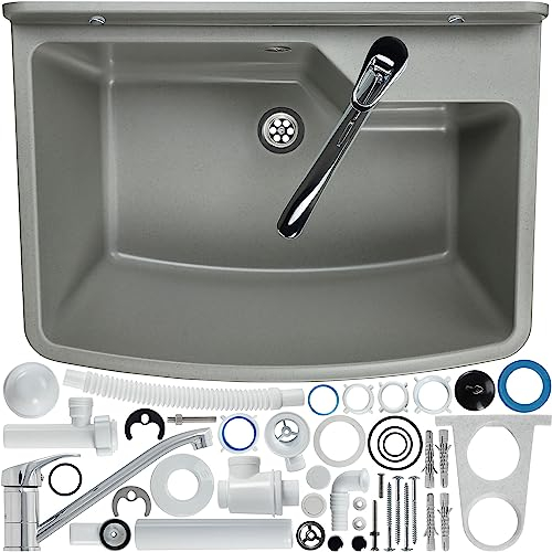 Basino di versamento del gospo con raccordo in piedi, lavandino 61 cm x 44 cm x 23,5 cm, lavaggio con overflow e sifone, lavandino, inclusi accessori, bagno (grigio)