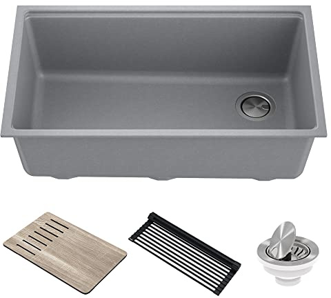 KRAUS Kitchen Sink Bellucci 32” Undermount Workstation Granite, Metallic Gray, Accessories, KGUW2-33MGR