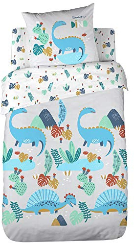 CÔTE DECO Parure de lit Enfant Réversible Motifs Dinosaures Vert Housse de Couette 140x200cm + 1 taie d'oreiller 63x63cm 100% Coton Bio*