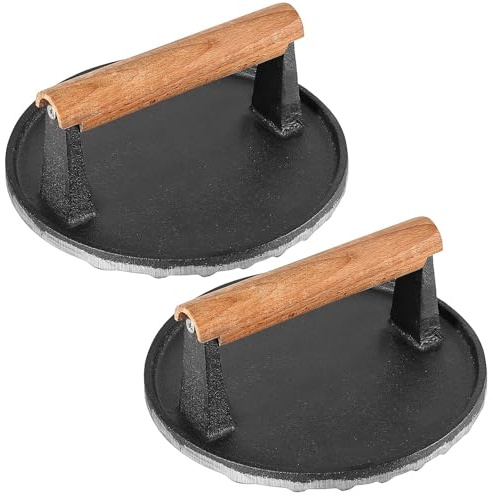 HOIGON 2 PCS 7 Inch Round Heavy Duty Cast Iron Grill Press, Steak Weight Bacon Barbecue Presses with Solid Wood Handle for Burgers, Bread, Pushing Down On Steaks