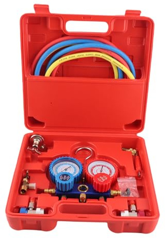 Kältemittel Manifold Messgerät Set für R134A, Klimaanlage Aufladeschlauch mit Messgerät und Haken, 1,5 m Schlauchlänge