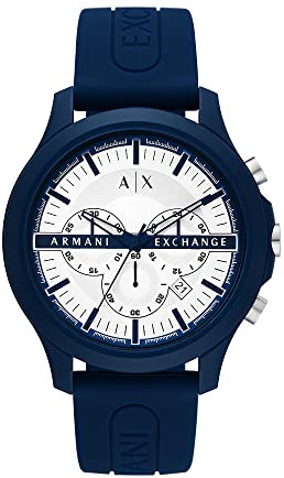 Armani Exchange Watch For Men, Quartz Chronograph-rörelse och 46 mm boettstorlek med silikon- eller läderrem, Blått och vitt
