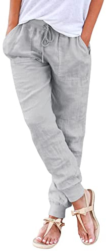 Livonmone Hose Damen Sommer Casual Baumwolle Leinen Stoffhose Stretch Leicht Leinenhose und Taschen (hellgrau, L)