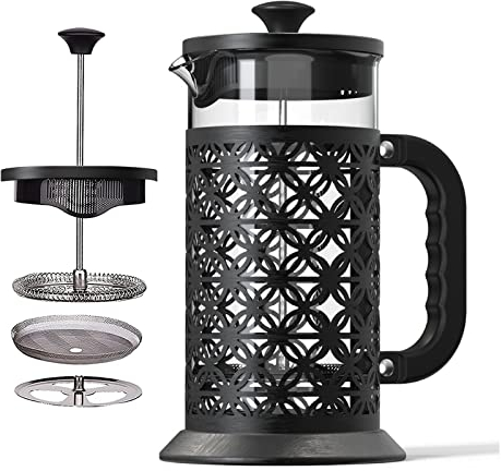 LTLWSH Cafetière à Piston, Caffettiera French Press 1L en Verre Borosilicate et Acier Inoxydable pour Café thé, Cafetiere a Piston Presse à Café,Noir,Round Lattice
