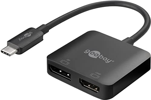 goobay 60172 USB C Adapter Multiport Verteiler 2 Port UHD 4K @ 60 Hz/Buchse HDMI DisplayPort Adapter DP / 18 Gbits USB Hub/Mehrfachstecker 2 Monitore gleichzeitig/Schwarz