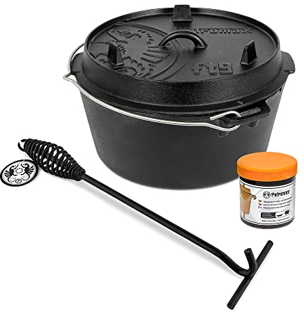 Petromax Feuertopf (Dutch Oven) Set´s (FT9, planer Boden) | Original Gusseisen | mit Deckelheber und Pflegepaste | ohne Einbrennen | Einsteiger-Set | robust & vielseitig
