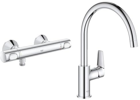 GROHE Precision Flow - Thermostat-Brausebatterie & BauEdge – Einhebel-Küchenmischbatterie