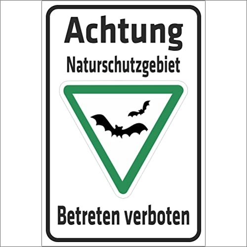 INDIGOS UG - Aluverbundplatte Schilder 3mm - Sicherheit - Achtung Naturschutzgebiet - Betreten verboten - Fledermaus - 200x150 mm - Hotel, Firma, Schutz, KITA, Arzt, Praxis, Wohnung