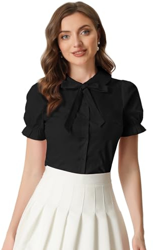 Allegra K Women's Vintage Peter Pan Collar Tie Neck Casual Cute Cotton Button-Up Shirt Medium Black