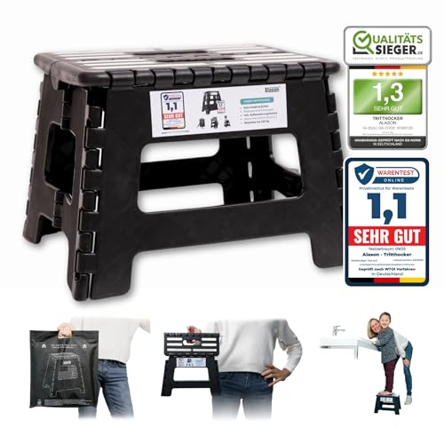 VERGLEICHSSIEGER - Alason Tritthocker Klappbar 22 cm, Belastbar bis 150 kg – Mit Aufhängehaken & Aufbewahrungstasche – Platzsparender, Faltbarer Hocker - Anthrazit/Schwarz für Zuhause, Küche & Bad
