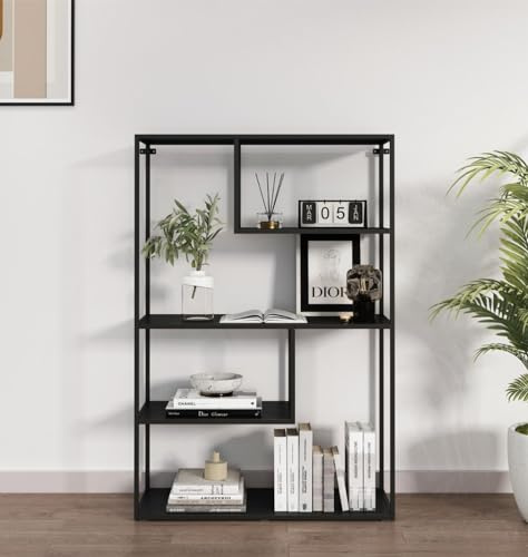 Hallowood Furniture Bewdley 126cm Large Display Unit with 4 Shelves, Black Metal Shelf, Tall Display Cabinet, Black Metal Bookcase, Sleek Office Shelving Unit for Living Room & Hallway