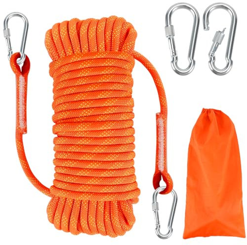 RAKUTE Corda Arrampicata, 20M Longe Arrampicata Corda con Moschettone e Borsa Organizer, capacità di Carico 1200Kg, Fune Corda per Nautica, Salvataggio, Arrampicata, Alpinismo,Campeggio(Arancione)