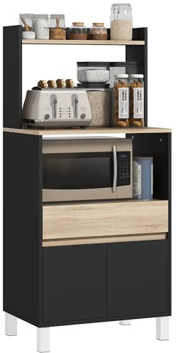 HOMCOM Mobile per microonde, credenza da cucina con cassetto a ripiano superiore, mobile per microonde da cucina per sala da pranzo, soggiorno, 60 x 40 x 131 cm naturale e nero