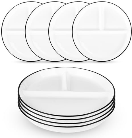 AUHUI Ceramic Divided Plates Set of 4Pcs, 8 Inch Portion Control Plate, Reusable Bariatric Plate for Adults, 3 Compartment Plates, White Dinner Plates for Balanced Meal, Microwave, Dishwasher Safe