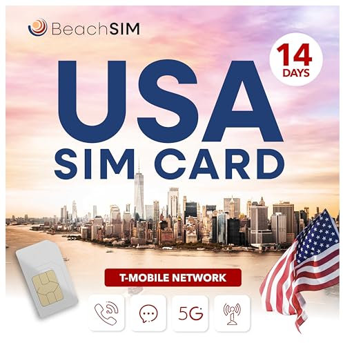 BeachSIM Carte SIM prépayée USA 14 Jours. Données 5G, appels et SMS illimités.Réseau T-Mobile. Compatible avec iOS et Android.