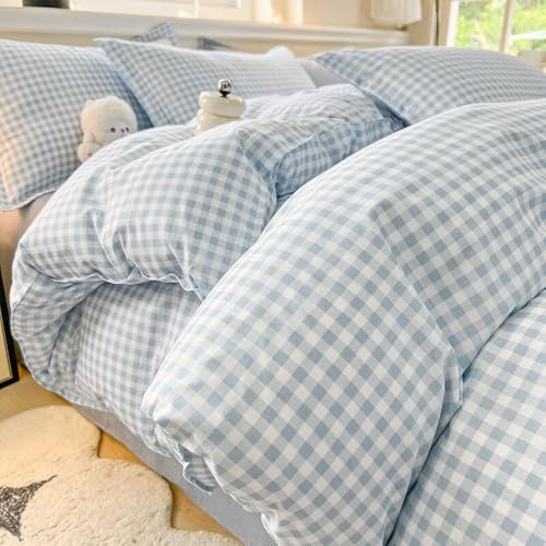 Michorinee Housse de Couette 140x200 Bleu et Blanc Vichy à Carreaux Parure de Lit Adulte 1 Personne Oeko-Tex Moderne Microfibre Parure Housse Couette avec Fermeture éclair et 1 Taie d'oreiller 65x65