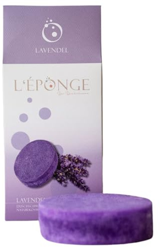 L'ÉPONGE - Spugna da doccia alla lavanda | Innovativa 4 in 1 spugna da bagno con sapone naturale schiumoso, profumo intenso e delicato effetto esfoliante, spugna naturale fino a 30 lavaggi
