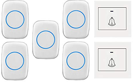 WOTZOV Timbre inalámbrico con 5 receptores, 2 pulsadores, Kit de Timbre de Puerta Resistente al Agua IP44 con Alcance de 300 m, 36 Tonos de Llamada, 4 Niveles de Volumen, Indica,Blanco