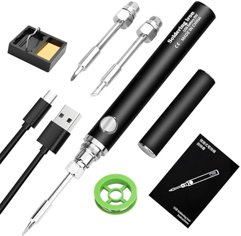 Cordless Soldering Iron Kit, USB Battery Soldering Iron with 3 Temperature Adjustable 330℃-450℃, 3 Soldering Tips, Mini Stand, Soldering Wire, Professional Safe Complete Solder Iron - Black