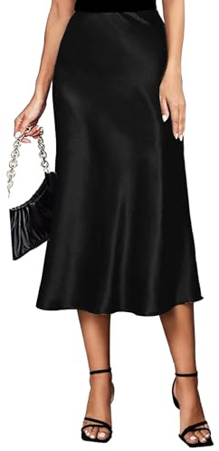 Koerye Gonna Donna Raso Vita Alta e Linea ad A Elegante Seta Midi Gonna da Lavoro Casual Elastica con Zip Festa Estate Nero,L