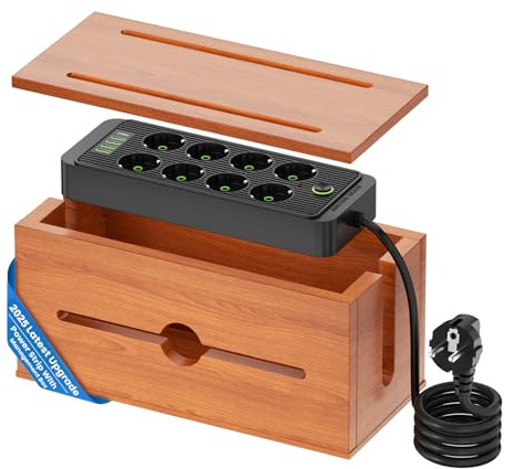Boîte à câbles en Bois avec multiprise,Organisateur de Station de Charge avec 8 Prises,4USB &1charge Rapide de Type C,Protection Contre Les surtensions avec câble d'extension (Couleur Sapin S)