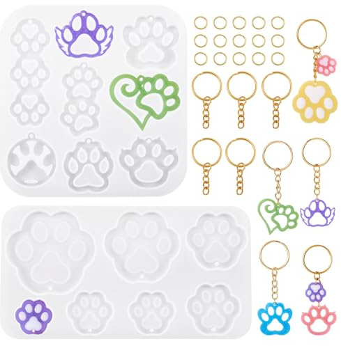 Bestewelry Lot de 2 moules en résine de silicone avec motif pattes de chien - Moules en silicone avec porte-clés et anneaux ouverts pour travaux manuels époxy, fabrication de bijoux