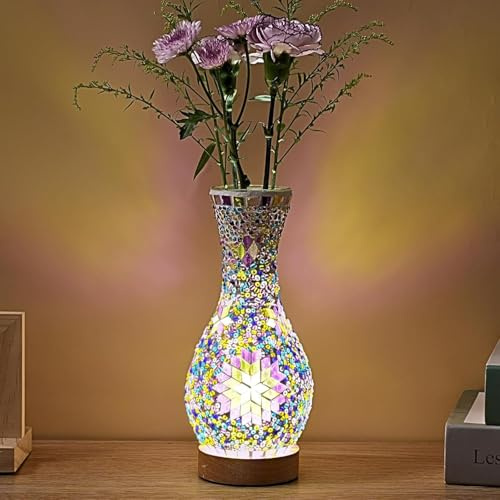 Maimeili Rétro lampe de vase en mosaïque turque lampe de table marocaine turque vase en verre fait à la main coloré avec base en bois pour fleurs USB charge décor lumière pour chambre Ambient