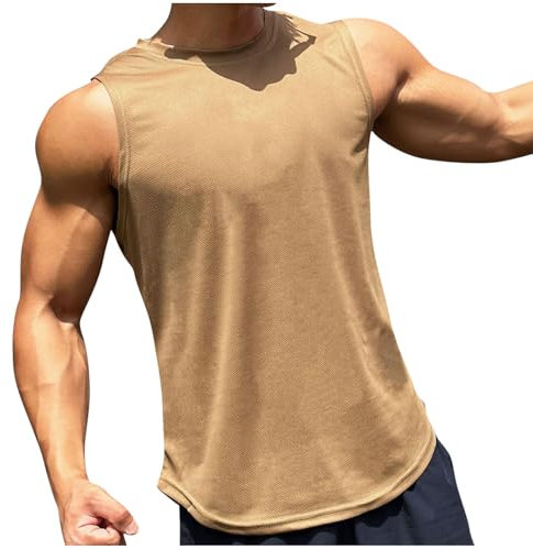 Herren Unterhemd Ärmelloses T-Shirt Einfarbig Muskelshirt Fitness Tank Top Gym Tops Trägershirt Sommer Basic Shirt Männer Training Sport Unterhemden Khaki XXL