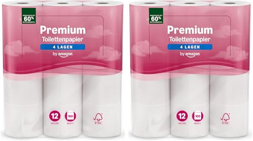 by Amazon Toilettenpapier, 4-lagig Gestepptes, Besonders Weich, 12 Rollen, 1-er Pack, 160 Blätter pro Rolle, FSC-Zertifiziert (Packung mit 2)