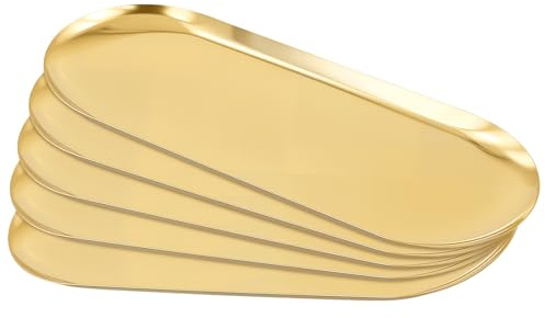 CHUENHEI 5 stycken gyllene brickor oval 30 x 12 cm, stor rostfritt stål serveringstallrik serveringsbricka guld dekorativ bricka förvaringsskål dekottallrik för smycken kosmetika ljus