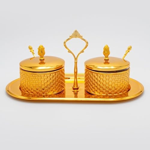 2 - Storage Jars with Lid and Spoon Including Serving Tray Table Decoration, Sugar Bowls with Lid and Spoon - for Breakfast Table, Snacks, Jam Jar, Gold and Silver Model HM6498H (Gold)