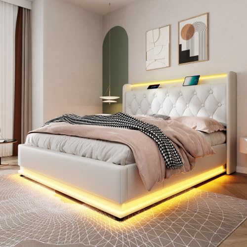 Upholstered Ottoman Bed with 360 Surround Led Function&Charging Station, 4ft6 Double Bed Frame with Hydraulic Lift&Storage Headboard, PU Functional Upholstered Bed Frame with Slats, No Mattress, White