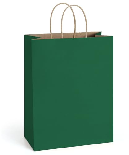 BagDream Waldgrüne Papiertüten mit Griffen, Großpackung, 25,4 x 12,7 x 33 cm, 100 Stück, große Kraftpapier-Geschenktüten für Weihnachten, Thanksgiving, Ausflüge, Handwerk, Einzelhandel, Lebensmittel