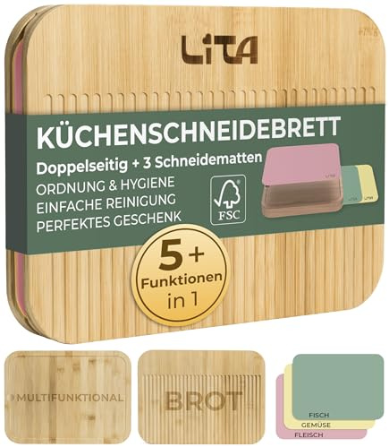 LITA Tabla de Cortar de Bambú Antibacteriana 36,5 x 27 x 4 cm, Doble Cara con 3 Alfombrillas Intercambiables, Tabla de Cocina para Carne, Pescado, Verduras y Pan, Libre BPA