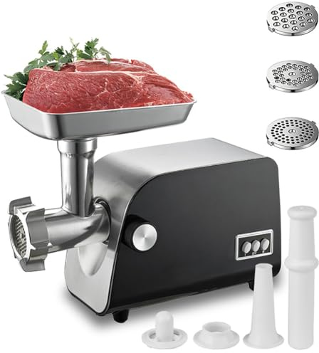 FHRKA Picadora de Carne Eléctrica 1200W, con 3 Placas de Corte, Máquina Automática para Embutidos y Picado, Función de Reversa