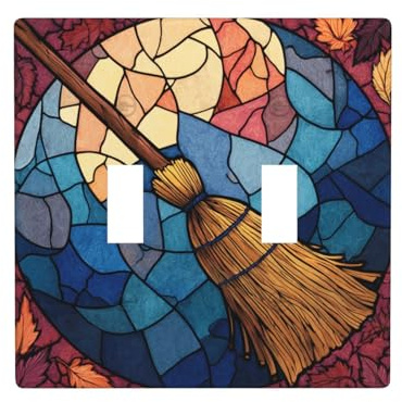 Stained Glass Retro Wizard'S Broom Double Gang Toggle Light Cover Wall Plate Switch Decor Standard Size - 11.4x11.4cm