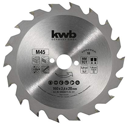kwb Kreissägeblatt 160 x 20 mm, Made in Germany, schneller Schnitt, Sägeblatt geeignet für Weich- und Hartholz, Tischlerplatten und Spanplatten