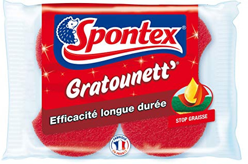 SPONTEX - Gratounett' Stop-Grasso - 2 spugne raschianti rosse protezione antigrasso - Molto ricorrente