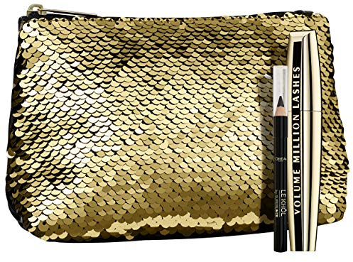 L'Oréal Paris Luxuriöse Kosmetiktasche in Gold mit Volume Million Lashes Mascara + gratis Mini Le Khol Kajalstift, 10 g