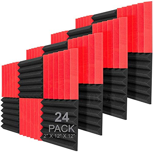 JBER Lot de 24 Panneaux de Mousse Acoustique, 5 x 30 x 30cm Cales pour Studio Panneau Mural Insonorisant Ignifuge Panneaux Muraux (Noir et Rouge)