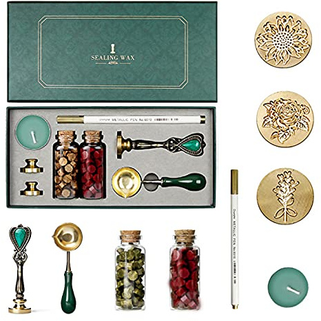 Wachsstempel Set, Retro Wachssiegel Stempel Europäische Retro Wachssiegel Set mit 1 Schmelzlöffel, 3 Personalisiert Stempel, für Einladungskarten, Hochzeit Umschlag Briefkopf Weihnachts Geschenk#9