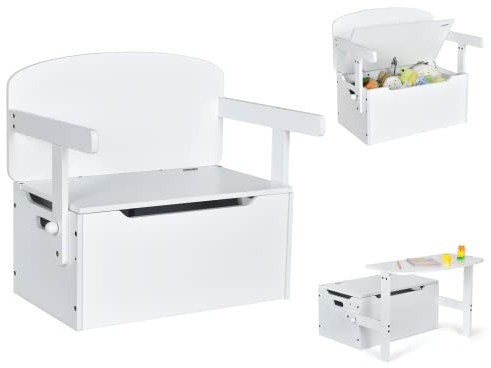 COSTWAY Wooden Toy Box, 3-in-1 Convertible Kids Bench/Desk Chair Set/Storage Chest with Lid, Multifunctional Children's Organizer Cabinet for Playroom Bedroom (White)