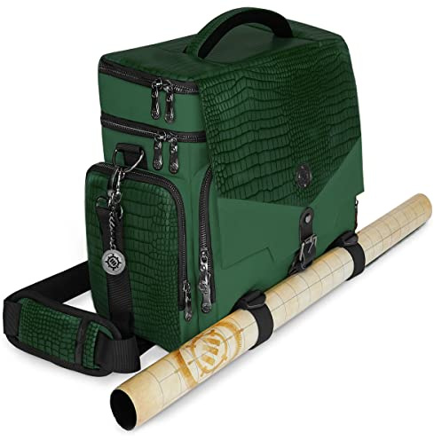 ENHANCE Tabletop RPG-Tasche des Abenteurers, Sammleredition - DnD-Tasche mit Tabletop-Miniaturen-Aufbewahrung, Mattenhalter, DnD-Würfel- und Token-Taschen, passend für 4-8 Bücher (Drachen Grün)