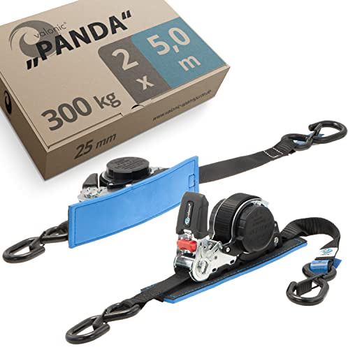 valonic Panda - 2X 5m Automatik Spanngurt mit Haken, gepolstert, 25mm, 300/600Kg, TÜV Rheinl. / GS Zertifiziert, EN 12195-2 - Spanngurte mit Ratsche, Zurrgurte für Motorrad, Auto, SUP schwarz