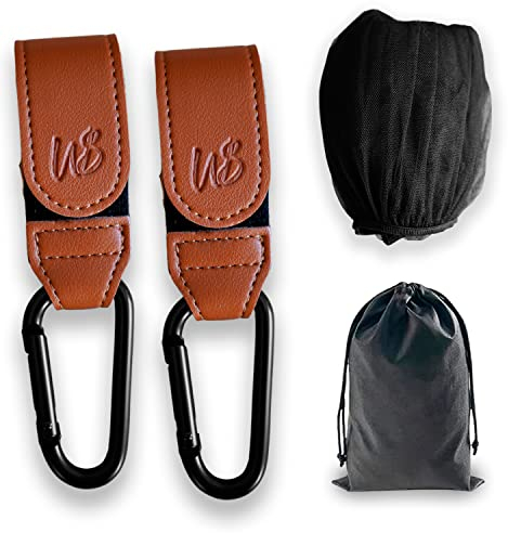 WS WorlsTrend 2 Ganchos + Mosquitera - Ganchos Carro Bebé de Cuero Sintético - Ganchos para Carrito Bebé o Silla de Paseo para Colgar Bolsas - Mosquitera Universal Ajustable - Red Antimosquitos.