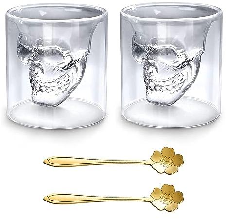 Xiuyer 2 Pcs Tazza di Halloween Teschio - Bicchieri da Rum, Liquore, Amaro - Tazzine Caffè Vetro Doppia Parete Borosilicato - Bicchiere da Vodka 250ml Con 2 Cucchiai