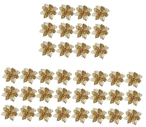 Warmhm 36 Pcs Weihnachten Baum Dekoration Glitter Weihnachtsstern Blumen Künstliche Weihnachten Ornamente Hohl Simulation Blumen