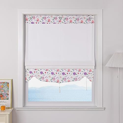 ESLIR Raffrollo ohne Bohren Blickdicht Gardinen Küche Raffgardinen Halbtransparent Rollo mit Ösen Modern Vorhänge Wohnzimmer mit Blumenmuster BxH 60x140cm 1 Stück